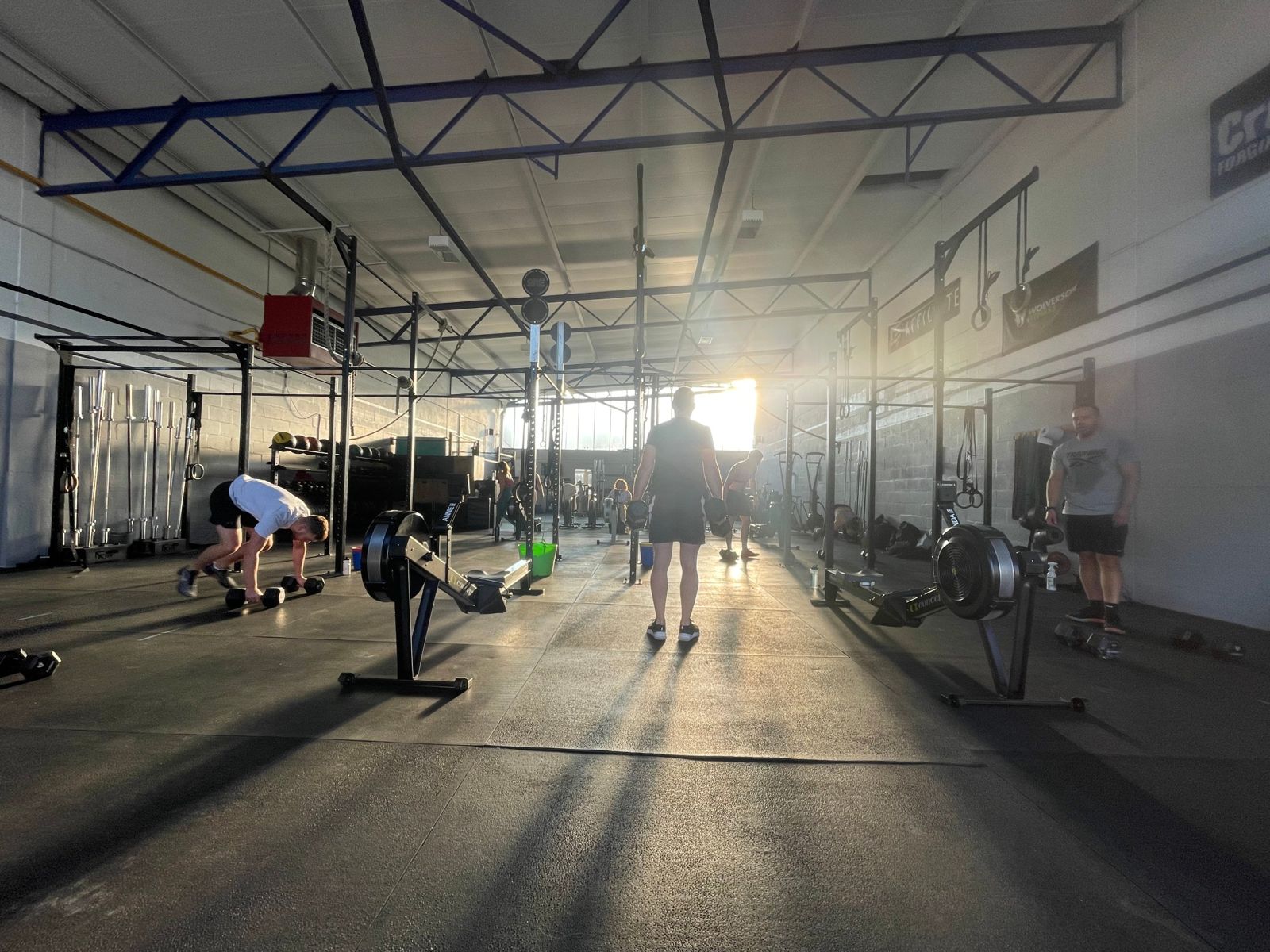Morning sun across the ORE training floor, with rowers and dumbbells set up